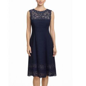 Tadashi Shoji Corded Embroidery Tulle Pintuck Boatneck Dress Illusion Size XL